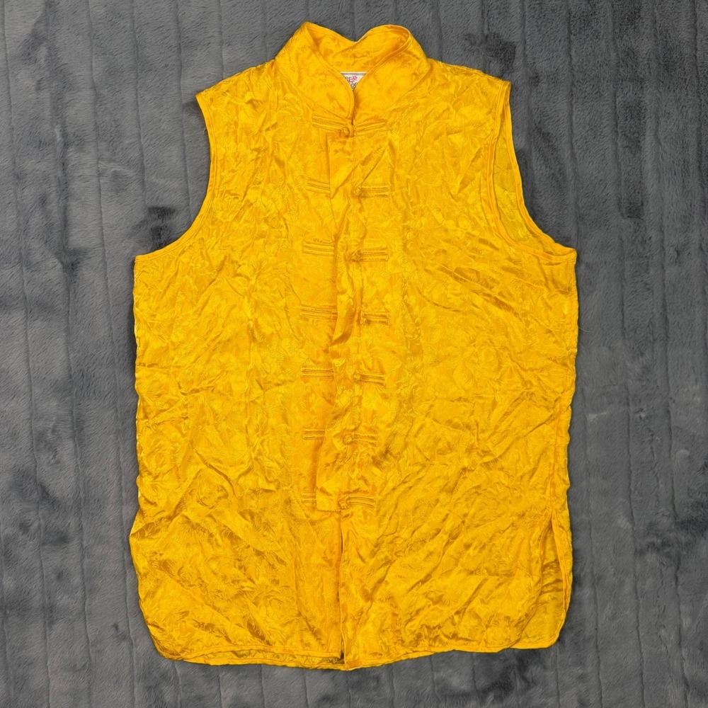 Flower Series Silk Vest Womens Small Yellow Mandarin Collar Frog Button Jacquard